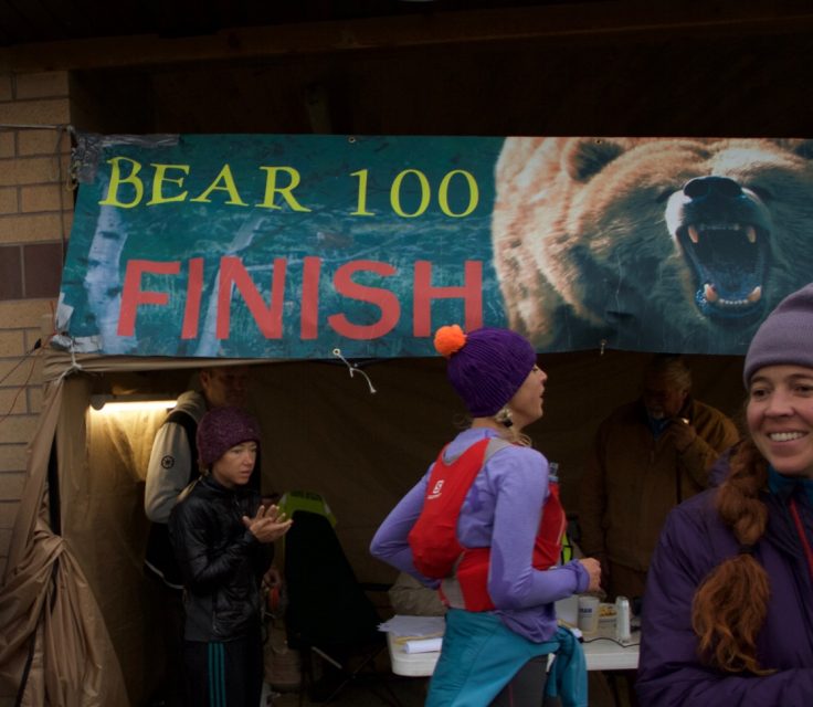 Chelsea Hathaway crosses the finish line at the 2016 Bear 100, 3rd place female