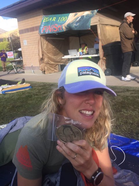 Chelsea Hathaway displays her buckle following the 2016 Bear 100